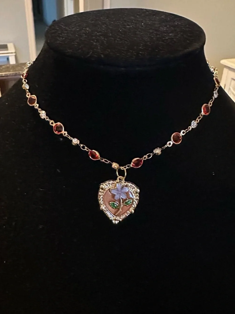 Self made 18K gold plated chain, vintage flower oil painting necklace.